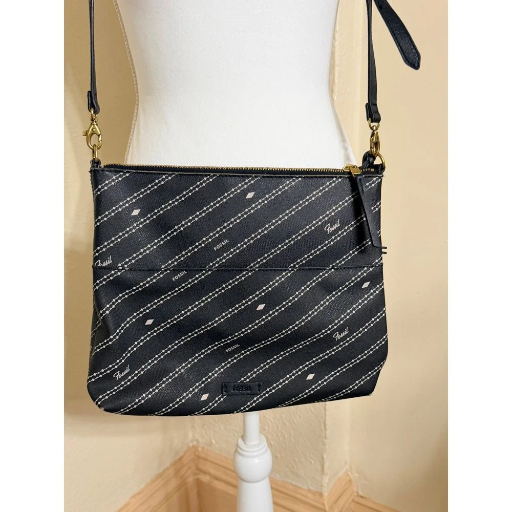 Fossil Black Coated Canvas Striped Logo Crossbody Bag Messenger Purse ZB7915